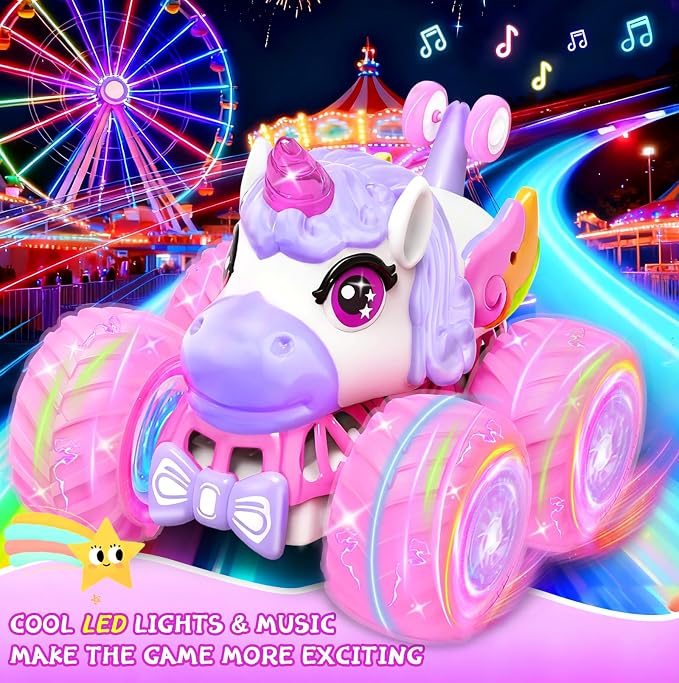 Remote Control Car for Girls, Unicorn Toys for Girls Age 3+ | 360° Rotating 4WD 2.4 GHz RC Stunt Cars with Light and Music, Unicorn Birthday Gifts Presents for 3 4-6 6-8
