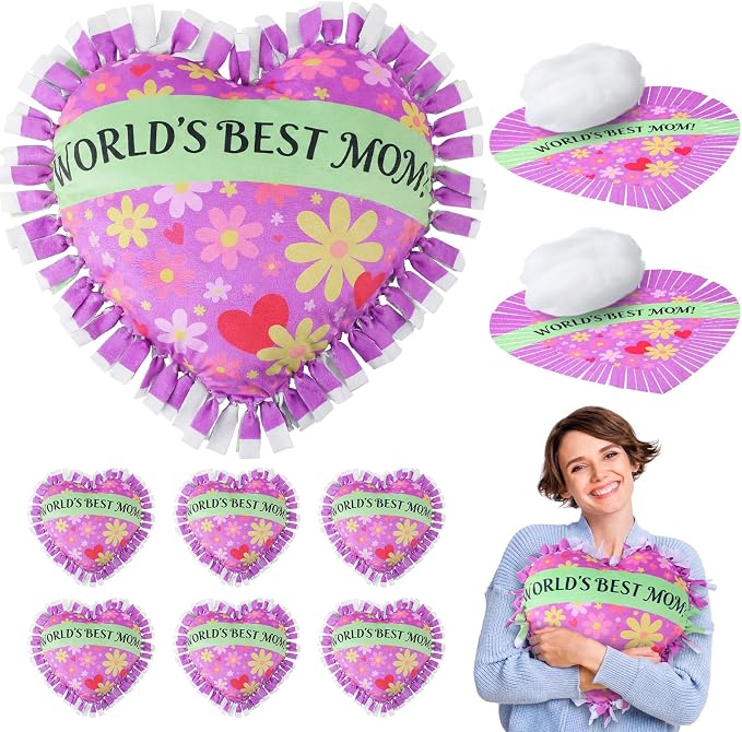 Weysat 6 Sets Mother's Day Heart Tied Pillow Craft Kit DIY World's Best Mom Pillow Craft Gifts with PP Cotton Flower Love Heart Cushion Covers for Love Grandma Wife Mother's Day Party Decor