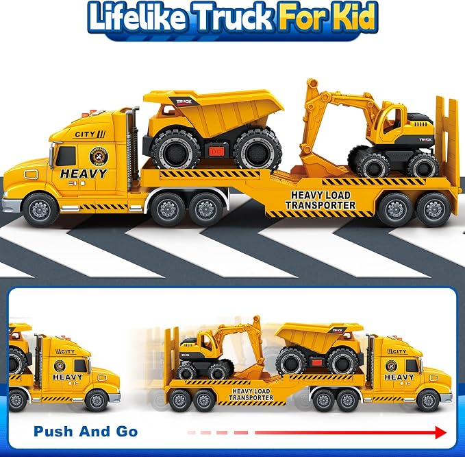 Bstoyder Toddler Boy Toys for 3 4 5 6 7 Years Kids, 27" Semi Construction Carrier Truck Toy with Excavator and Dump Truck, Friction Powered Toys with Lights and Sounds, Birthday for Boy Girls