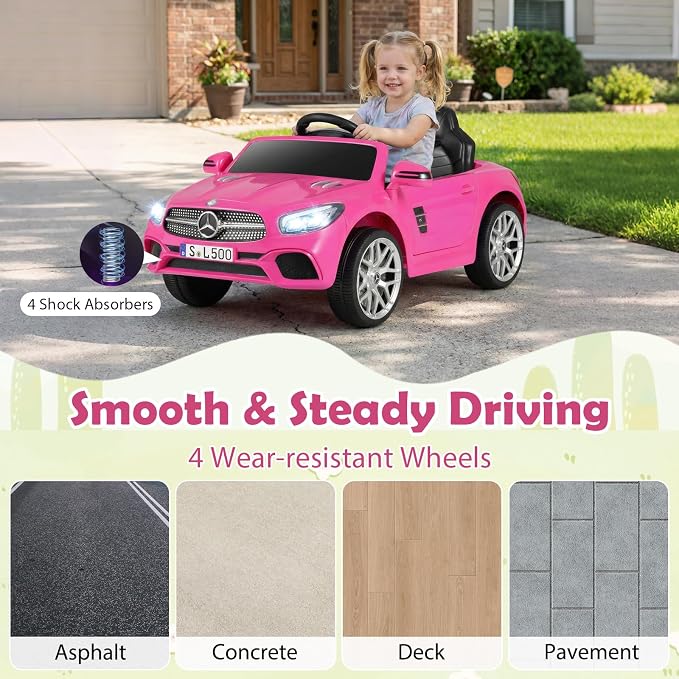 Costzon Ride On Car, 12V Licensed Mercedes Benz Electric Vehicles with Parent Remote Control, LED Headlights, Music & Wireless Connection, Kids Car for Boys Girls Aged 3-8 (SL500,Pink)