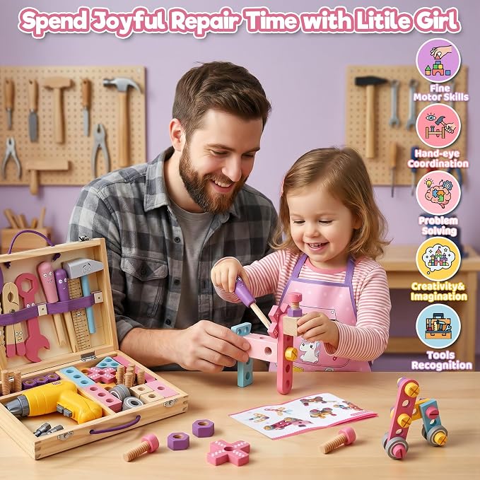 TONZE Wooden Kids Tool Set with Drill 44Pcs Montessori Toys for 3 Year Old Girl, Educational STEM Toys Toddler Tool Set with Apron & Box Birthday Gifts for 3 4 5 6 Year Old Girls (Pink)