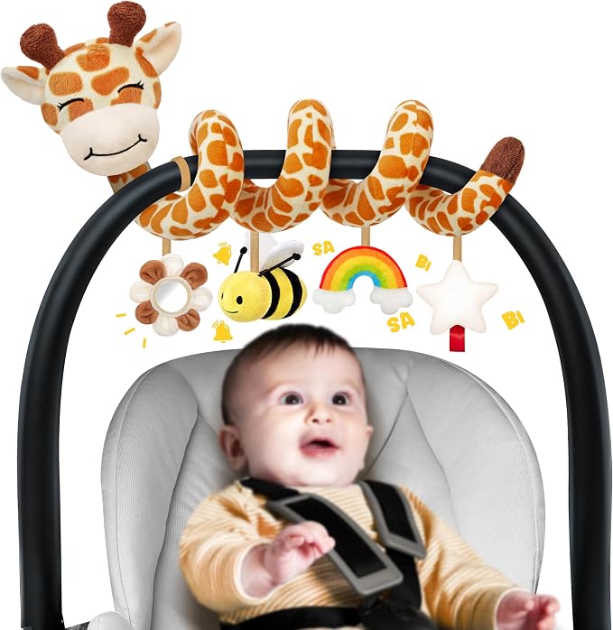 Stuffed Spiral Car Seat Baby Toys 6-12 Months, Infant Giraffe Sensory Toys Hanging Stroller Accessories, Newborn Shower Gifts for Baby Boys Girls Essentials | Cute Colorful Giraffe