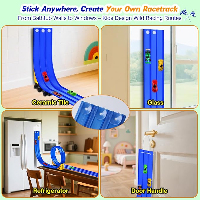 3-Lane Flexible Race Track for Kids: 15ft DIY Bendable Ramp with Suction Cups – Portable Roll-Up Car Track for Kids Compatible with 1:64 Diecast Cars – Easter Birthday Gift for Boys Girls Ages 3+