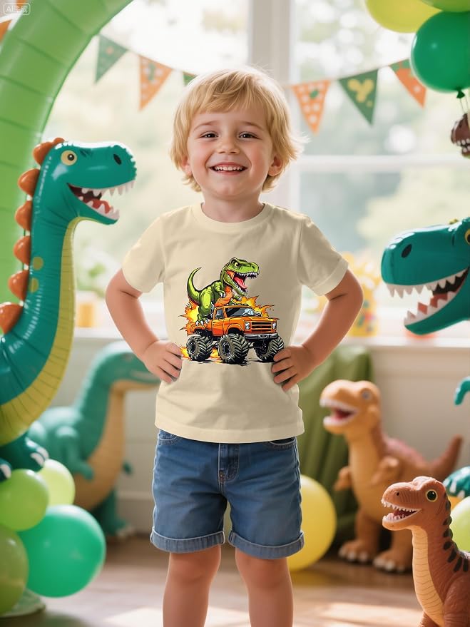 Lovekider Cotton Shirt for 3-6T Boys Truck Dinosaur Toddler Kids T-Shirt Short Sleeve Excavator Construction T-Rex Tee Shirts