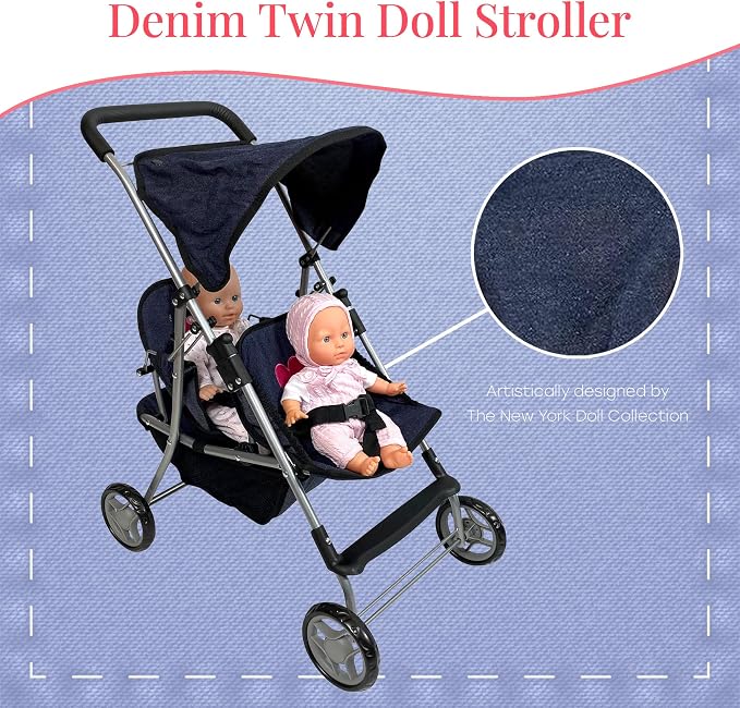 The New York Doll Collection First Twin Stroller - Cutest Heart Design Baby Strollers Great Toy Gift for Toddlers and Girls (Denim) Blue,pink