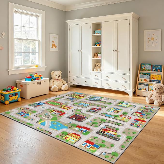 Capslpad Tan Car Road Kid Rug Carpet Playmat for Playoom Traffic Road Kids Play Mat for Toddler Non Slip Washable City Map Race Track Carpet Rug for Kids Room Bedroom Nursery Room Decor,6.6'x5'