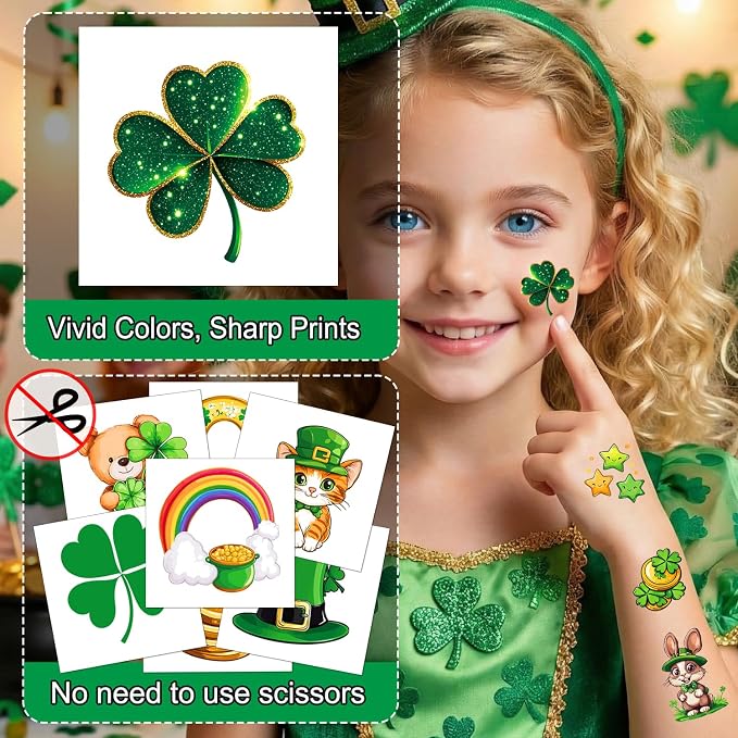 JCFIRE St Patricks Day Tattoos for Kids, Shamrock Stickers Temporary Tattoos for Children, Saint Patricks Day Accessories Party Favors, Lucky Irish Decor Gifts, St Paddy Decorations Supplies