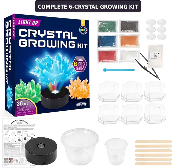 BenBen Light Up Crystal Growing Kit for Kids - Grow 6 Vibrant Crystals - STEM Science Experiments DIY Kit with LED Display Night Light Base - Educational Toys Birthday Gifts for Boys Girls Age 8-12