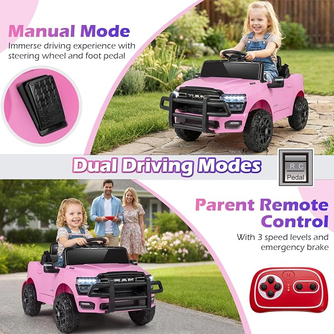 Costzon Ride On Car, 12V Licensed RAM Kids Electric Vehicle w/Remote Control, LED Lights, Music, Horn & Wireless Connection, Soft Start, Ride On Toy Kids Car for Boys Girls (1-Seater,Pink)