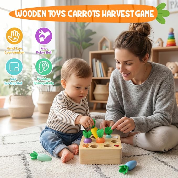Wdmiya Montessoritoys for 1 Year Old, Wooden Toys Developmental Shape Sorting & Matching Puzzle Macaron Carrots Harvest Game, Birthday Gifts for Toddlers Babies Boys and Girls 6-12 Months Christmas