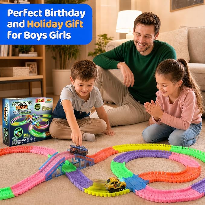 Race Tracks for Kids Ages 3 4 5 6 7 8, Flexible Race Track for Kids | Flexible Kids Race Track Set, GLow in The Dark, 300 PCS, Birthday Gifts for Boys Girls