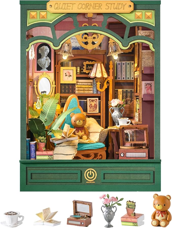 ROBOTIME DIY Miniature House Kit-Quiet Corner Study, Green Dollhouse Book Nook Kit for Adults, Vintage Bookstore Library with LED Bookshelf Insert Decor, Creative Gifts Puzzles for Family Book Lovers