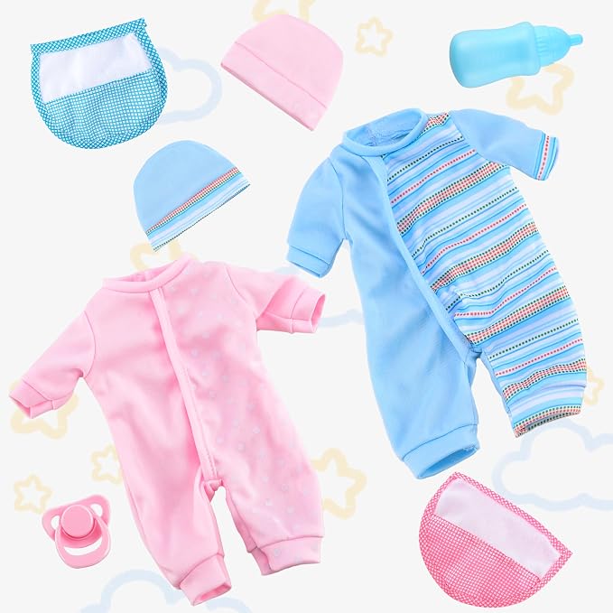 Toy Choi's Twin Baby Dolls 12 inch Soft Black Body Doll Set, Babydoll Playset with Rompers, Hat, Pacifier and Doll Bibs, Gifts Toys Toddlers Kids Boys and Girls