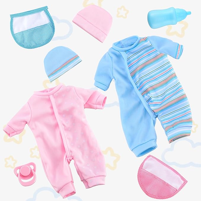 Toy Choi's Twin Baby Dolls 12 inch Soft Body Doll Set, Babydoll Playset with Rompers, Hat, Pacifier and Doll Bibs, Gifts Toys Toddlers Kids Boys and Girls