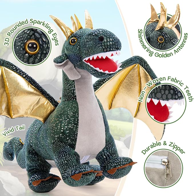 7Pcs Giant Dark Green Dragon Plush Toy, 21.7" Big Mother Dragon Stuffed Animal with 4 Babies & 2 Eggs, Stuffed Dinosaurs for Kids Boys Girls, Cute Soft Plushies Gift for Birthday Christmas