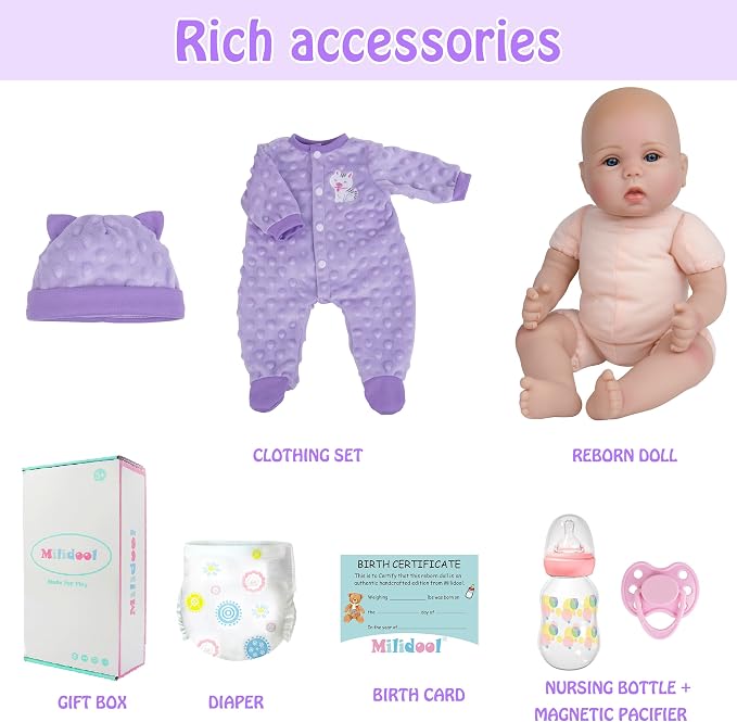 Milidool Lifelike Reborn Baby Dolls Girl-18 inch Realistic Newborn Baby Dolls for Kids Age 3 +,Purple Clothes