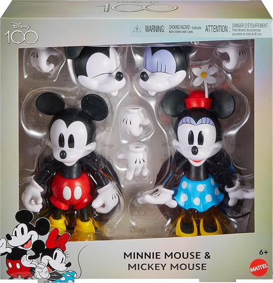 Mattel Disney 100 Collectible Action Figures Mickey and Minnie Mouse, Posable Characters, Swappable Head & Hands, Soft Good Elements
