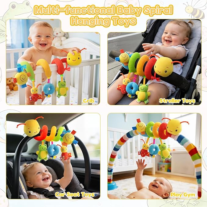 Car Seat Toys for Babies 0-6 Months, Hanging Carseat Toys for Infants 0-12 Months, Spiral Plush Caterpillar Sensory Stroller Toy with Rattles for Baby Essentials Newborn Boy Girl Shower Gifts