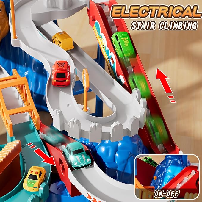 MSKOLER Dinosaur Race Car Tracks for Toddlers 3-4 Years, Dinosaur Climbing Hills Railcar, Toy Car Track Play Set with 7 Small Race Cars, Preschool Birthday Gifts for 3 4 5 6 7 8 Year Old Boys Girls