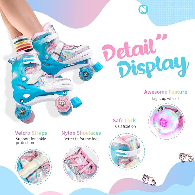 SULIFEEL Rainbow Unicorn 4 Size Adjustable Roller Skates for Girls Boys for Kids Ages 3-5 5-8 6-12 Children Skates Indoor Outdoor