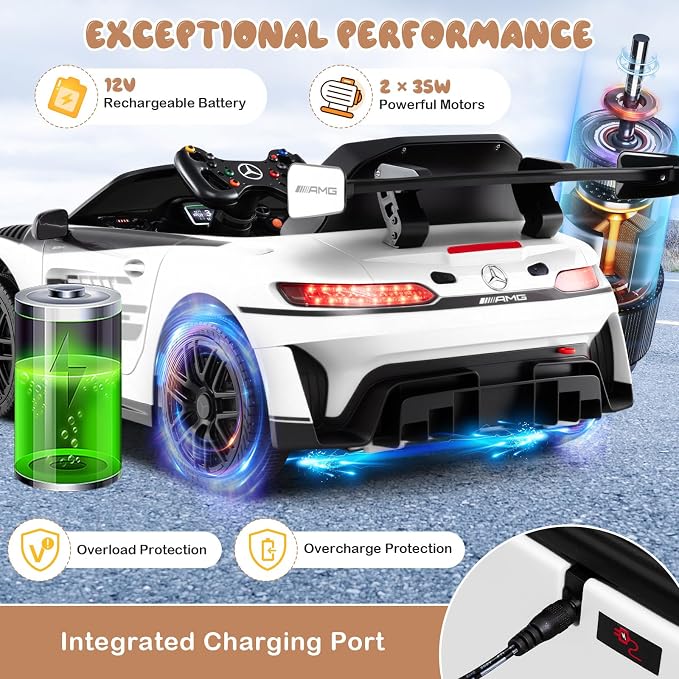 Costzon Ride on Car, 12V Licensed Mercedes-AMG GT3 Kids Car with Remote Control, 3 Speeds, LED Lights, Music, Wireless, Transport Wheels & Soft Start, Electric Vehicle for Toddlers Aged 3+ (White)