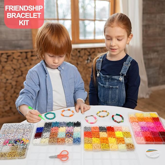 Redtwo 23000Pcs Clay Beads Friendship Bracelet Making Kit, 7 Boxes 144 Colors Flat Polymer Heishi Beads Set for Friendship Jewelry Making Kit with Pendant Charms, Crafts Gifts for Girls Ages 6-12 Kids