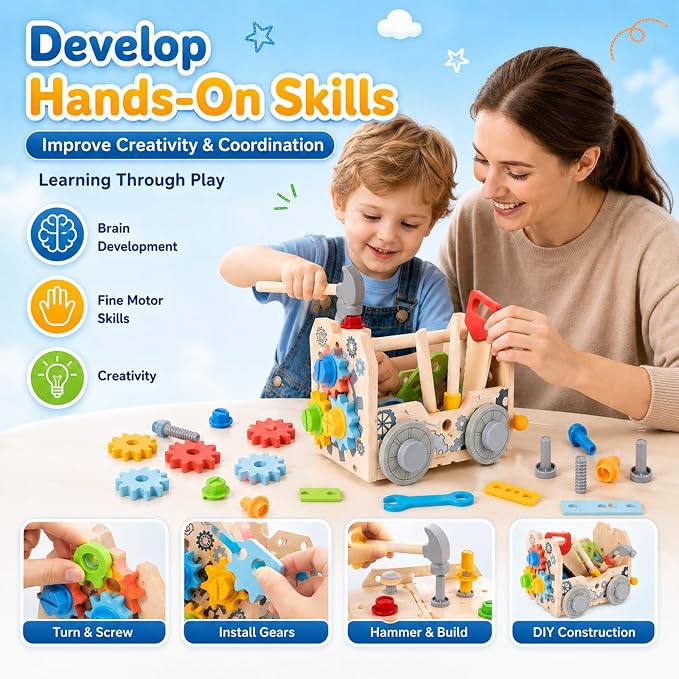Kids Tool Set Toy, Wooden Building Tools Set with Hammer, Saw, Screwdriver, Gears, Montessori STEM Educational Construction Toy, Pretend Play Repair Tools for 3+ Year Old Boys & Girls, Birthday Gift
