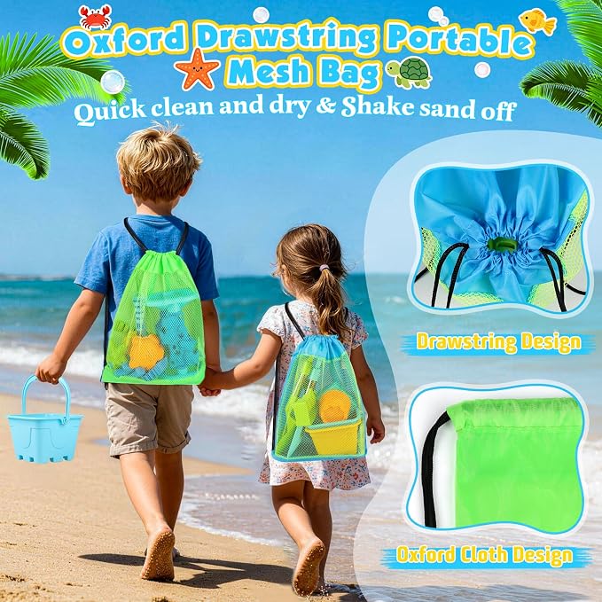 Beach Toys for Kids Toddlers, Sand Castle Toys with Bucket, Water Wheel, Long Shovel, Dinosaur Travel Sand Toys for Beach & Mesh Bag, Sandbox Essentials Toy for Toddlers Kids Baby Boys Girls Age 3-10