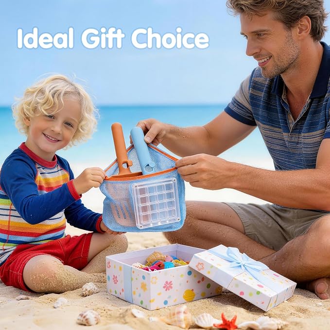 2 Pack Beach Sand Sifter with Seashell Bags & Shell Display Case, Beach Toys for Kids Beach Seashell Collecting, Seashell Beach Shovels for Boys and Girls