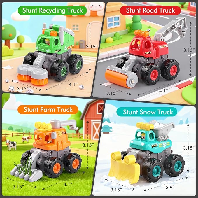 ORWINE Baby Boy Toys Cars, Push and Go Cars for Kids, Friction Powered Stunt Trucks, 4PCS Construction Vehicles Baby Toys for 2 3 4 5 Years Old Boys Girls, Birthday for Toddler Age 2-3