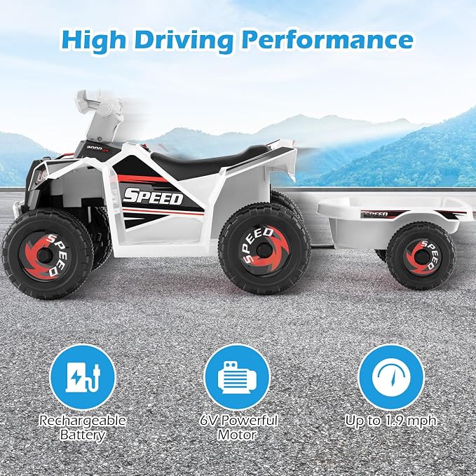 OLAKIDS 6V Kids ATV with Removable Trailer, Forward Backward Function, Widened & Wear-Resistant Wheels, Ride On Toy for Toddlers (White)