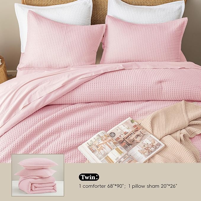 David's Home Waffle Weave Comforter Set 2PCS Twin Size, Soft Breathable Lightweight Cozy Skin-Friendly Warm for All Season, Elegant Aesthetic Home Decor Bedding Set with Pillow Shams, Pink