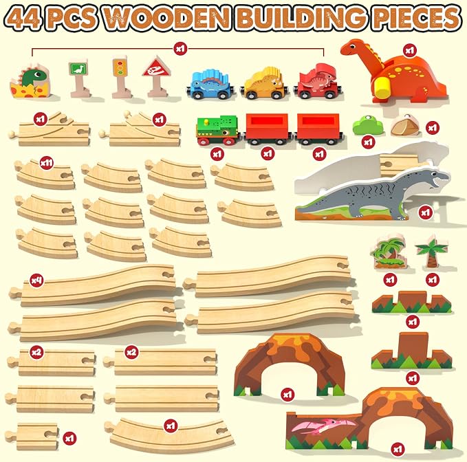 Lehoo Castle Wooden Train Set, Dinosaur Wooden Train Track Set, Wood Toy Train Set for Toddlers 2-4, Train Toys for Toddlers 3-5, Fits Thomas, Fits Brio, Fits Melissa and Doug