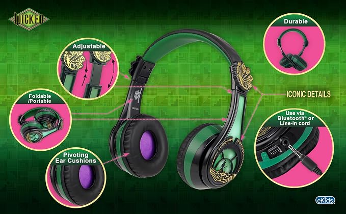 Wicked Elphaba Bluetooth Headphones for Kids, Wireless Headphones for School, Home, or Travel (Wicked Elphaba)