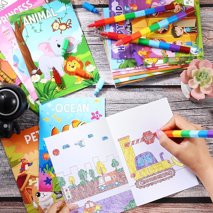 BenLouis Coloring Books for Kids With Stacking Crayons Set Mini Coloring Books Bulk for Ages 4-8-12 Small Activity Books for Birthday Party Gifts Goodie Bags Stuffers Travel（24+24Pcs Assorted）