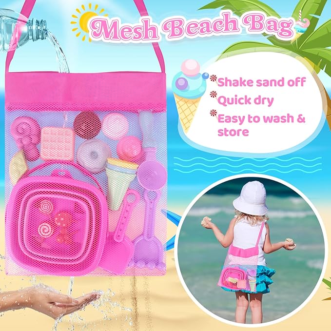 Collapsible Beach Toys Set for Kids Toddlers Girls, Collapsible Sand Bucket and Shovels Set with Mesh Bag & Sand Molds, Ice Cream Travel Sand Toys for Beach, Sandbox Toys for Toddlers Kids Age 3-10