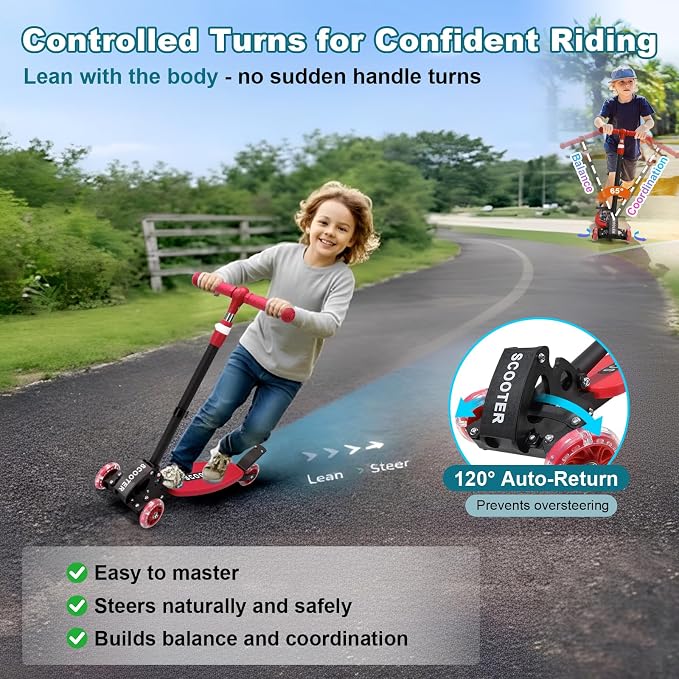 3 Wheel Kids Kick Scooter for Ages 3-12, Lean-to-Steer, Light-Up Wheels, 3-Level Adjustable Handlebar 27.5”-33”, Wide Non-Slip Deck, Dual Rear Brake,Travel Foldable, for Boys & Girls Toy Gifts