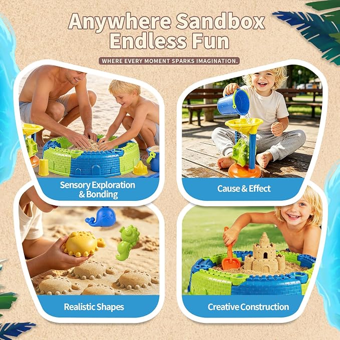 LUCKFUTURE 25 PCS Toddler Sand Toys for Ages 18+ Months - Sandbox Toys Set with Bucket, Shovels, Molds & Funnel, Easy Assemble No Tools Needed, Indoor Outdoor Beach Toys for Boys Girls