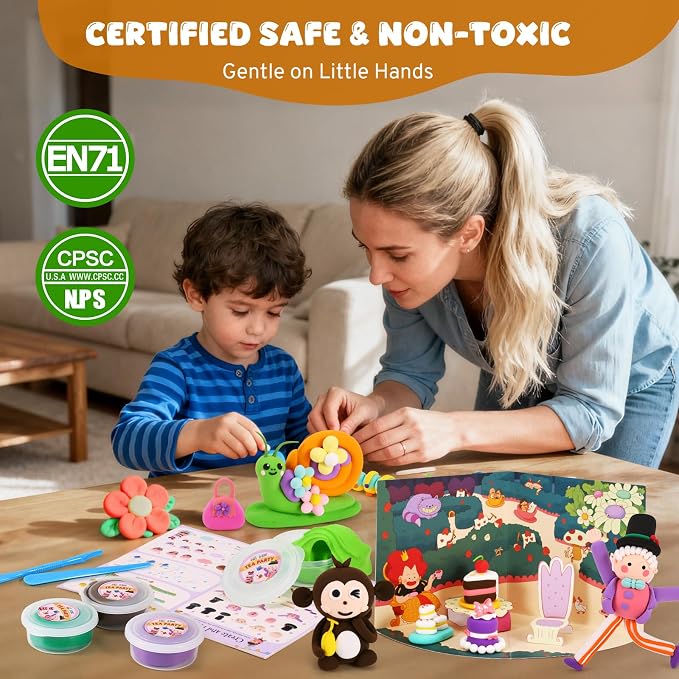 Air Dry Clay Kit for Kids, Modeling Magic Clays, 18 Colors with Storybook, DIY Tutorials, Tools & Scene Cards, Soft, Non-Sticky & Light, Clay Craft Gift for Boys & Girls Ages 3+ (Tea Party)