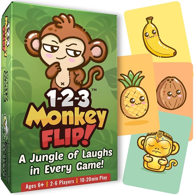 KAWAII LAB GAMES 1-2-3 Monkey Flip Family Card Game for Kids, Teens & Adults | Quick & Easy Party Card Game for Game Night | Fast Slap-and-Reaction Gameplay | Ages 6+ | 2-6 Players | 10-20 Min