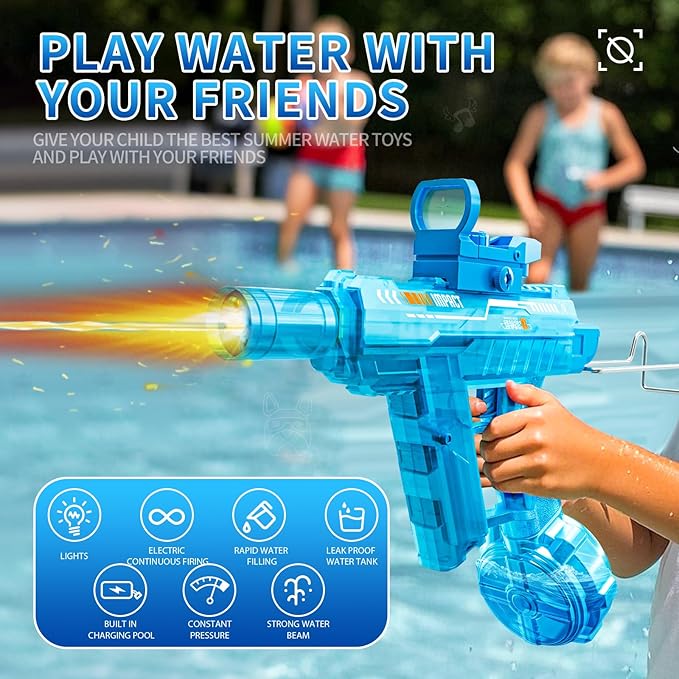 Electric Water Gun for Adults Kids Ages 4+,Rechargeable,Automatic Squirt Watergun,Ideal Gift Toys for Summer Game,Backyard,Beach,Long Range,2026 Splash Powerful LED Blaster Electric Water Guns(Blue)