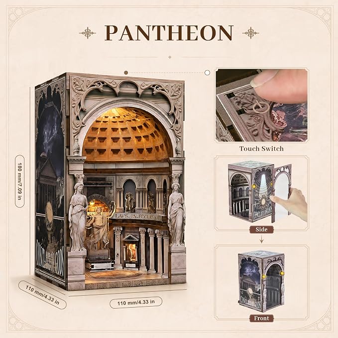 2 PCS DIY Wooden Dollhouse Kit, Architecture Miniature with LED Light Dust Cover, Easy Assembly Creative Craft for Adults Bookshelf Decor (St. Charles Church & Pantheon)