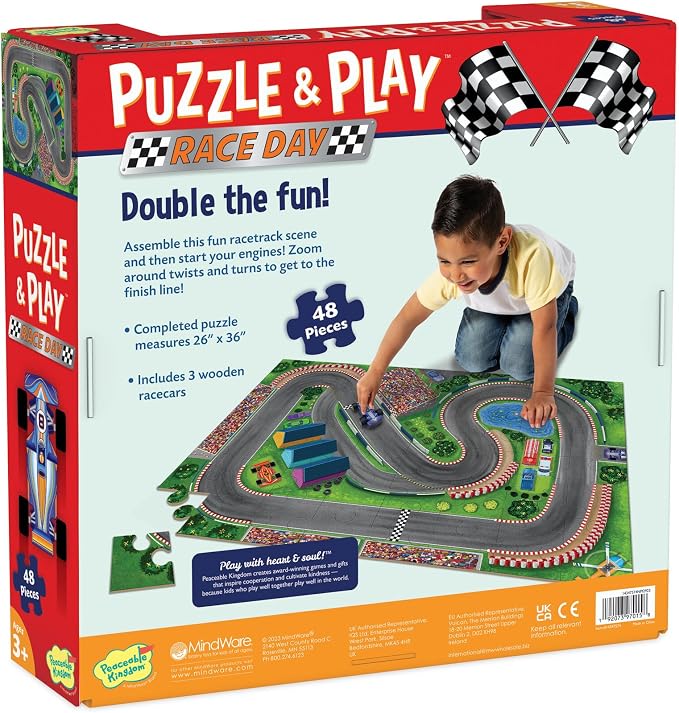 Peaceable Kingdom Jumbo Racetrack Floor Puzzle Bundle with 3 Wood Cars – Large Jigsaw Gift for Toddlers and Kids Ages 3-5 – Puzzle and Play: Race Day