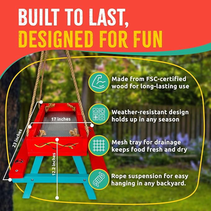 SparkJump Picnic Table Bird Feeder Kit, DIY Woodworking Project for Kids and Families, Complete Tools and Paint Set, FSC-Certified Sustainable Wood, Backyard Nature Activity, Ages 6+