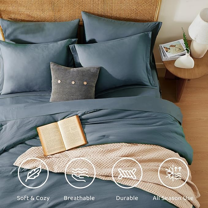 WRENSONGE Full Size Comforter Set- 7 Pieces Blue Grey Bed in a Bag Full Size Comforter with Fitted Sheet, Flat Sheet, 2 Pillow Shams, 2 Pillowcases, Warm Bedding Sets for All Season