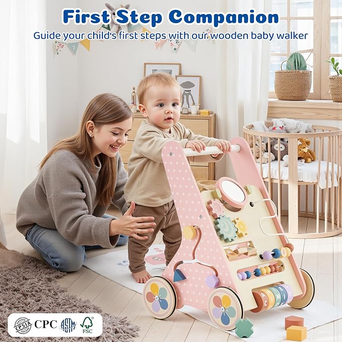 Wooden Baby Walker with Wheels, Montessori Push Walker | Adjustable-speed wooden baby walker with Montessori activities and rubber wheels for safe learning to walk.