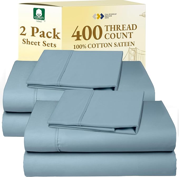 California Design Den Pack of 2 Twin XL Sheet Sets - 400 Thread Count, Soft 100% Cotton Sateen, Deep Pocket Twin XL Sheets, Durable Bedding Sets - Sky Blue