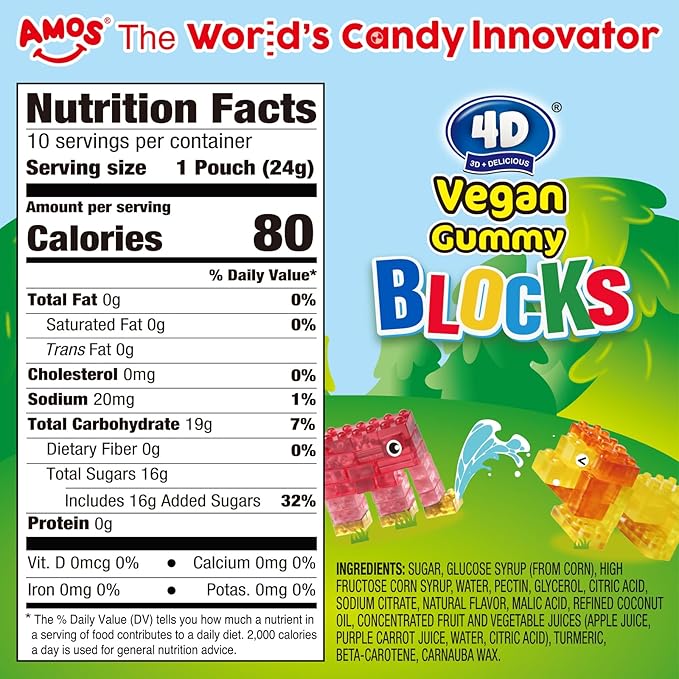 AMOS 4D Vegan Gummy Blocks Candy – Assorted Fruit Flavors, Made with Real Juice, Fun-to-Build Edible Blocks, Fat-Free, (8.47 oz Pack of 1)