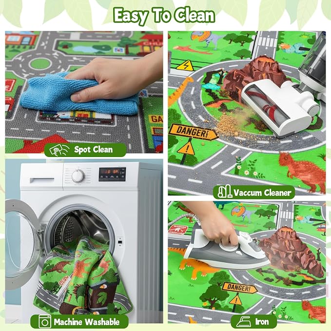 Kids Dinosaur Rug, 4'11" x 6'7" Kids Mat for Playroom– Extra Thick 0.4in Non-Slip Dino Safari Rug Road Play Mat for Classroom and Bedroom, Ideal for Educational Learning Play Areas（for Age 2+