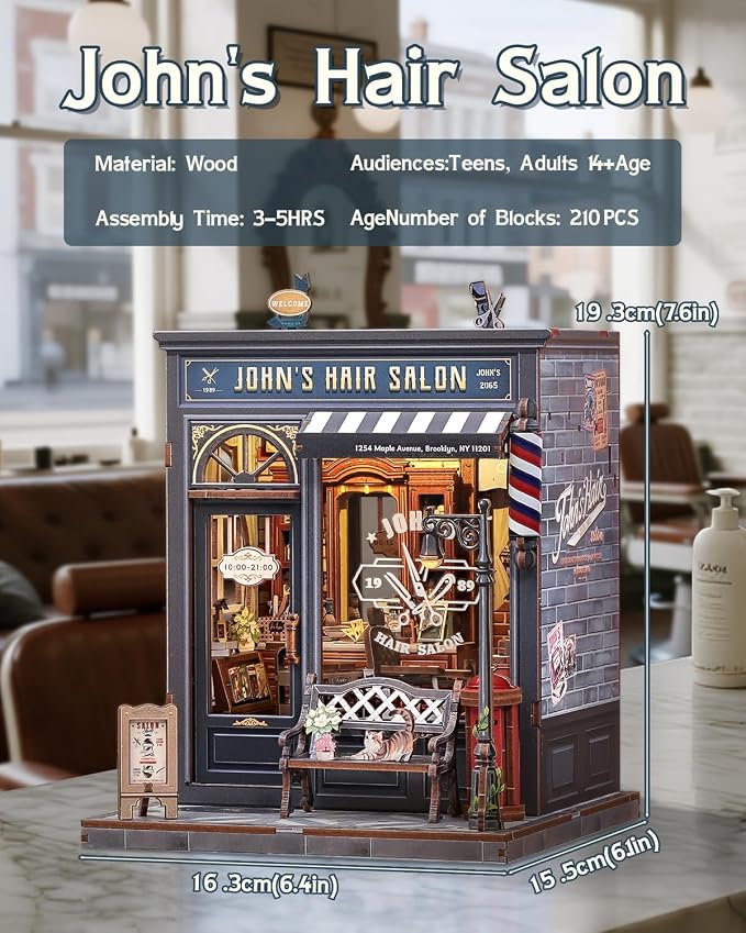 Book Nook Kit - DIY Adult Miniature Dollhouse, Hair Salon Themed, 3D Wooden Puzzle Bookend, Bookshelf Decor Gift for Family and Friends (John's Hair Salon)